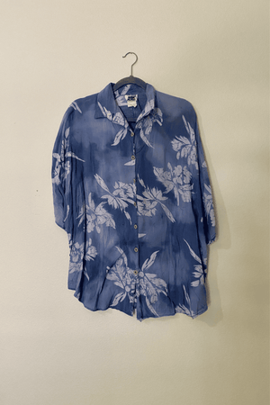 80s Vintage Blue Hawaiian Button Down Shirt / Made in USA / XL