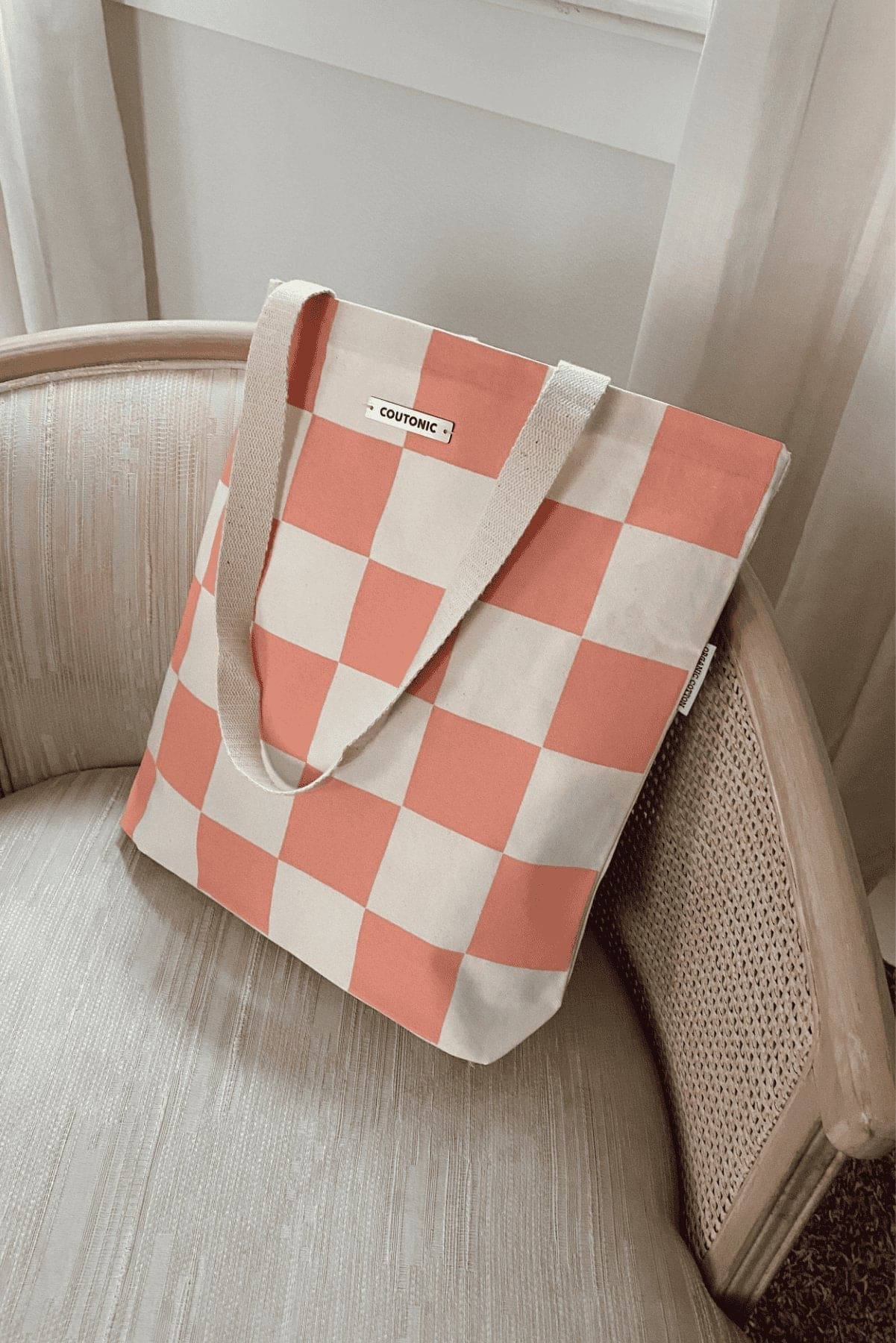 Organic Cotton Sunkissed Peach Checker Tote - oh-eco