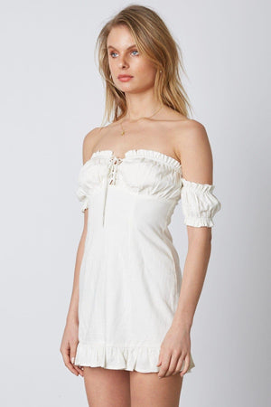 Preloved Bamboo Linen Off-Shoulder Ruffle White Dress / S - oh-eco