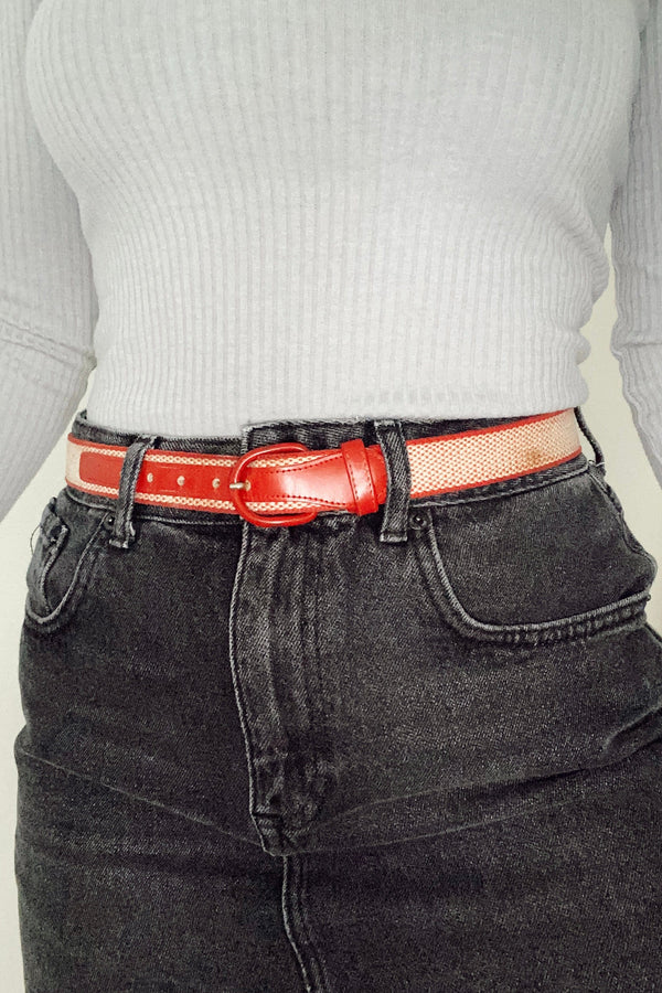 60s Vintage Red Checkered Fabric Waist Belt / XS-S