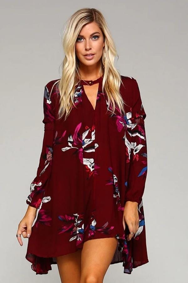 Red Floral Tunic Dress with Choker Button Neckline
