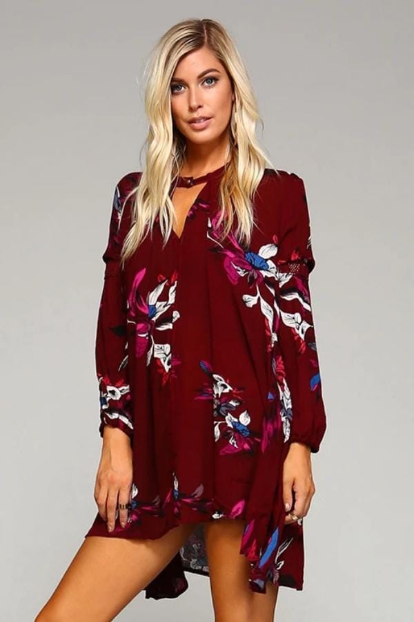 Red Floral Tunic Dress with Choker Button Neckline